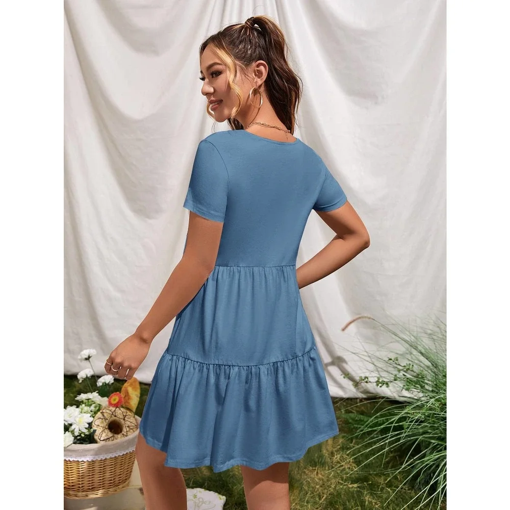 Short sleeve Ruffle Hem boho mini Dress black - Picture 11 of 12